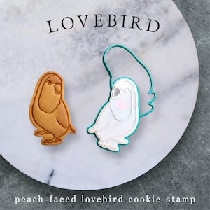 Puede incluir: Un cortador de galletas y una galleta horneada con forma de agapornis. La galleta es de color marrón claro con detalles. El texto "LOVEBIRD" está arriba y "peach-faced lovebird cookie stamp" abajo. El cortador es turquesa y blanco.