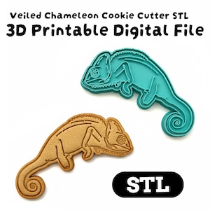 May include: A teal and tan chameleon cookie cutter with the text "Veiled Chameleon Cookie Cutter STL 3D Printable Digital File" and the letters "STL" in a black oval. The cookie cutter is in the shape of a chameleon.