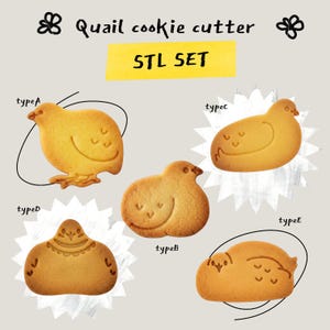 Puede incluir: Imagen de cinco galletas con forma de codorniz, cada una con un diseño único, etiquetadas Tipo A a E. Las galletas son de color marrón dorado sobre un fondo gris claro. El texto "Quail cookie cutter STL SET" está en la parte superior.