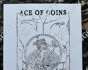 Ace of Coins Tarot Print, Hand Carved, Printed, Signed & Numbered Edition, 8.5" x 11" Printed on Heavy Cardstock