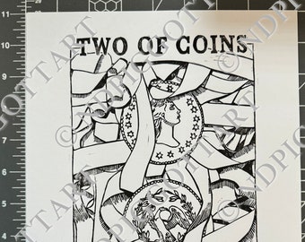 Two of Coins Tarot Print, Hand Carved, Printed, Signed & Numbered Edition, 8.5" x 11" Printed on Heavy Cardstock