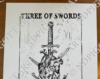 Three of Swords Tarot Print, Hand Carved, Printed, Signed & Numbered Edition, 8.5" x 11" Printed on Heavy Cardstock