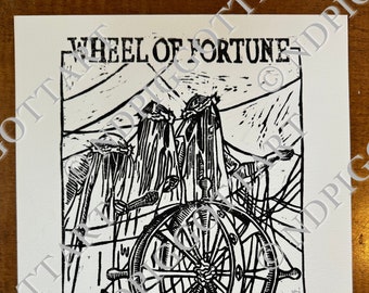 Wheel of Fortune Tarot Print, Hand Carved, Printed, Signed & Numbered Edition, 8" x 10" Printed on Heavy Cardstock