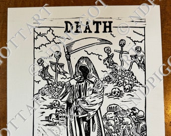 Death Tarot Print, Hand Carved, Printed, Signed & Numbered Edition, 8" x 10" Printed on Heavy Cardstock