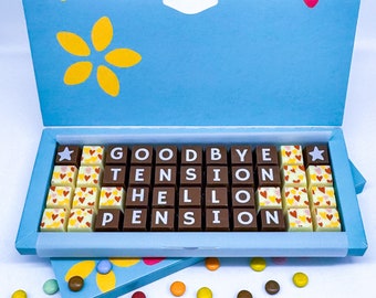 Chocolate Retirement Pension Farewell Colleagues Gift, Retirement chocolate gift, Personalised Chocolates, message gift