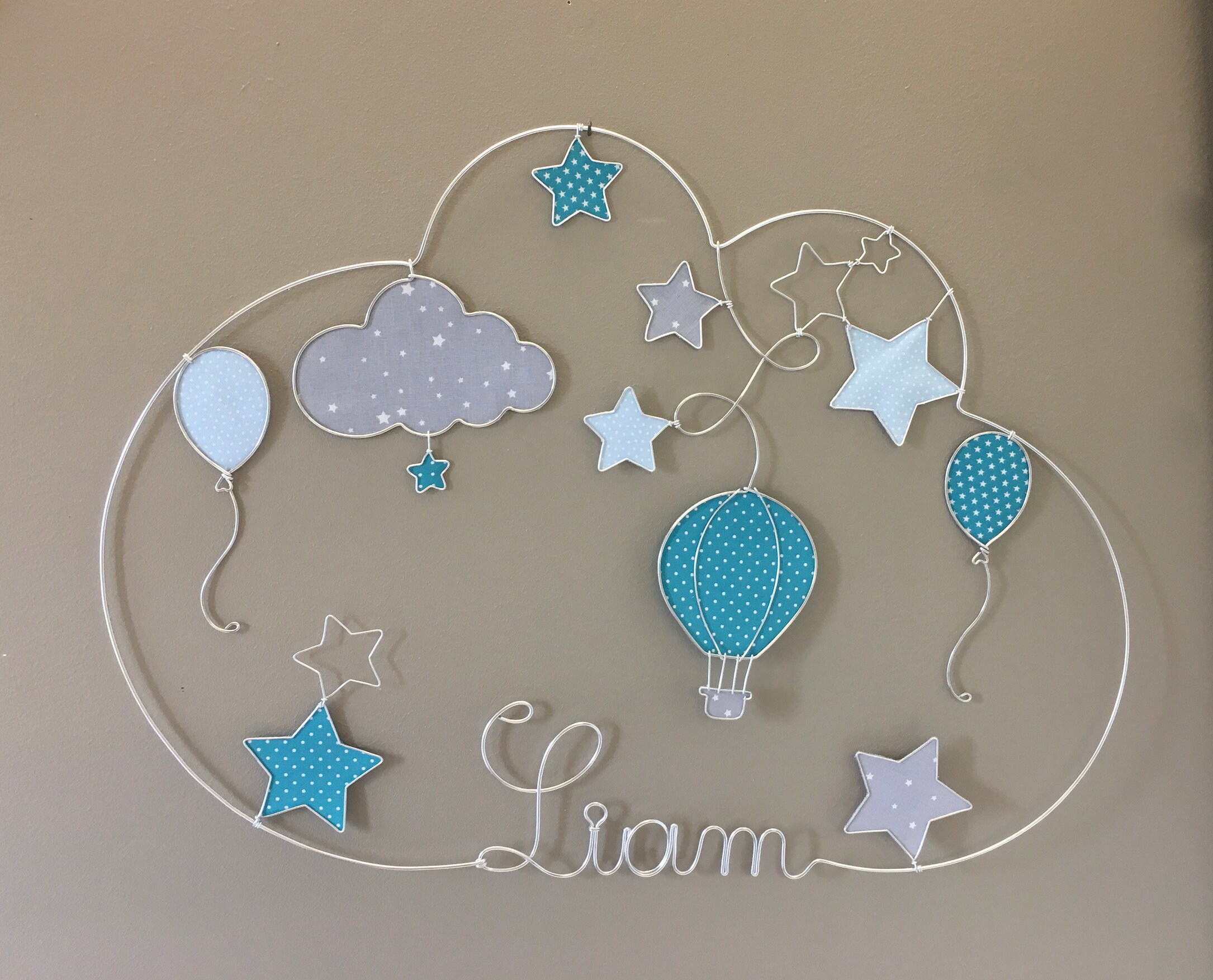 Prénom Fil de Fer Montgolfière, Nuage, Ballons, Étoiles