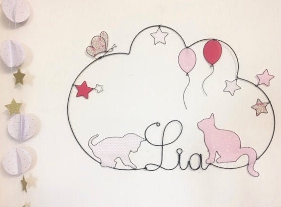 Prénom Fil de Fer Chat, Ballons, Papillon, Étoiles