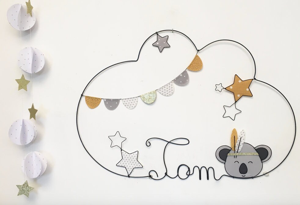 Prénom Fil de Fer Fanions, Koala, Plumes, Fanions Ronds