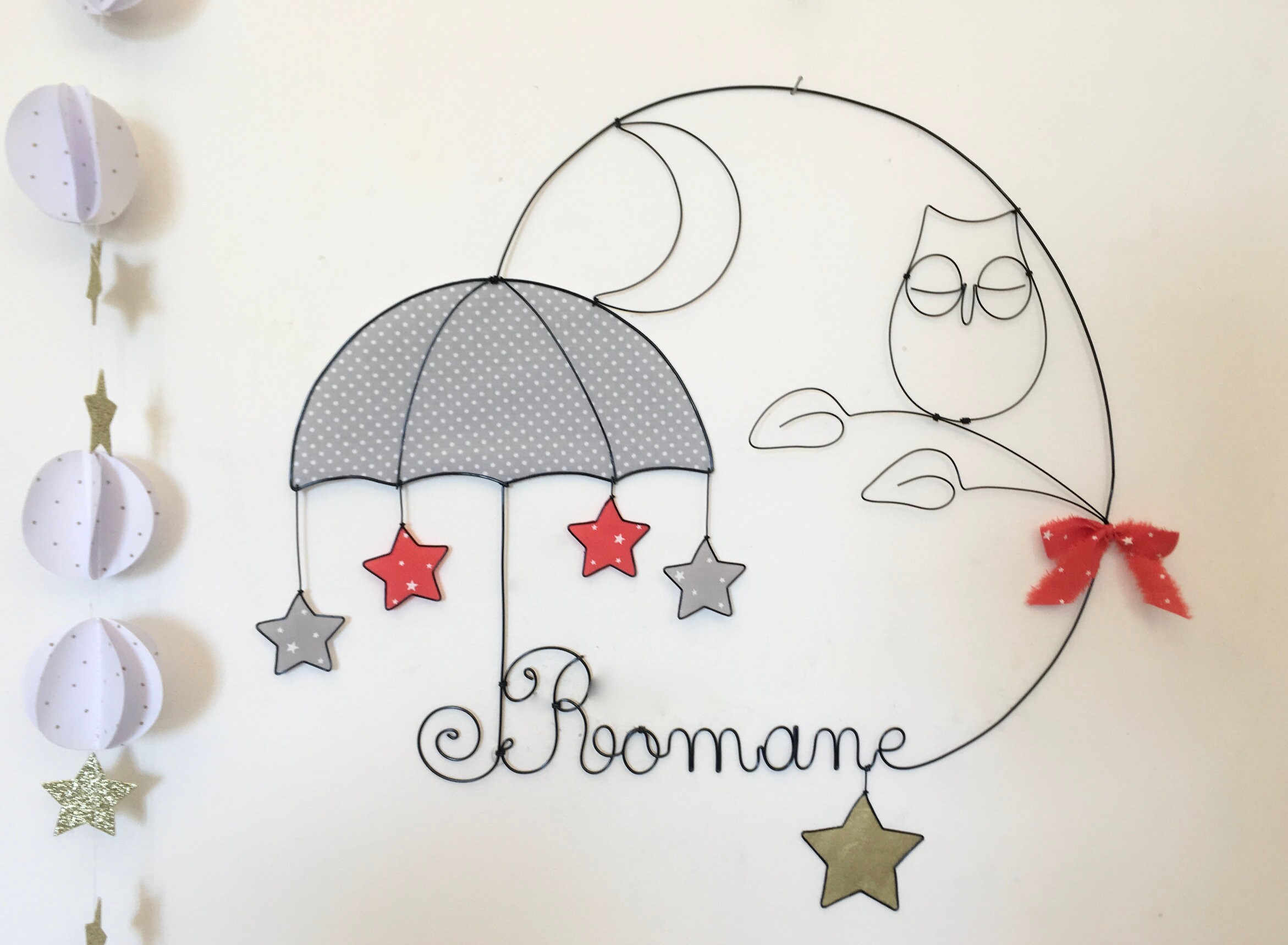 Prénom Fil de Fer Étoiles, Chouette, Parapluie