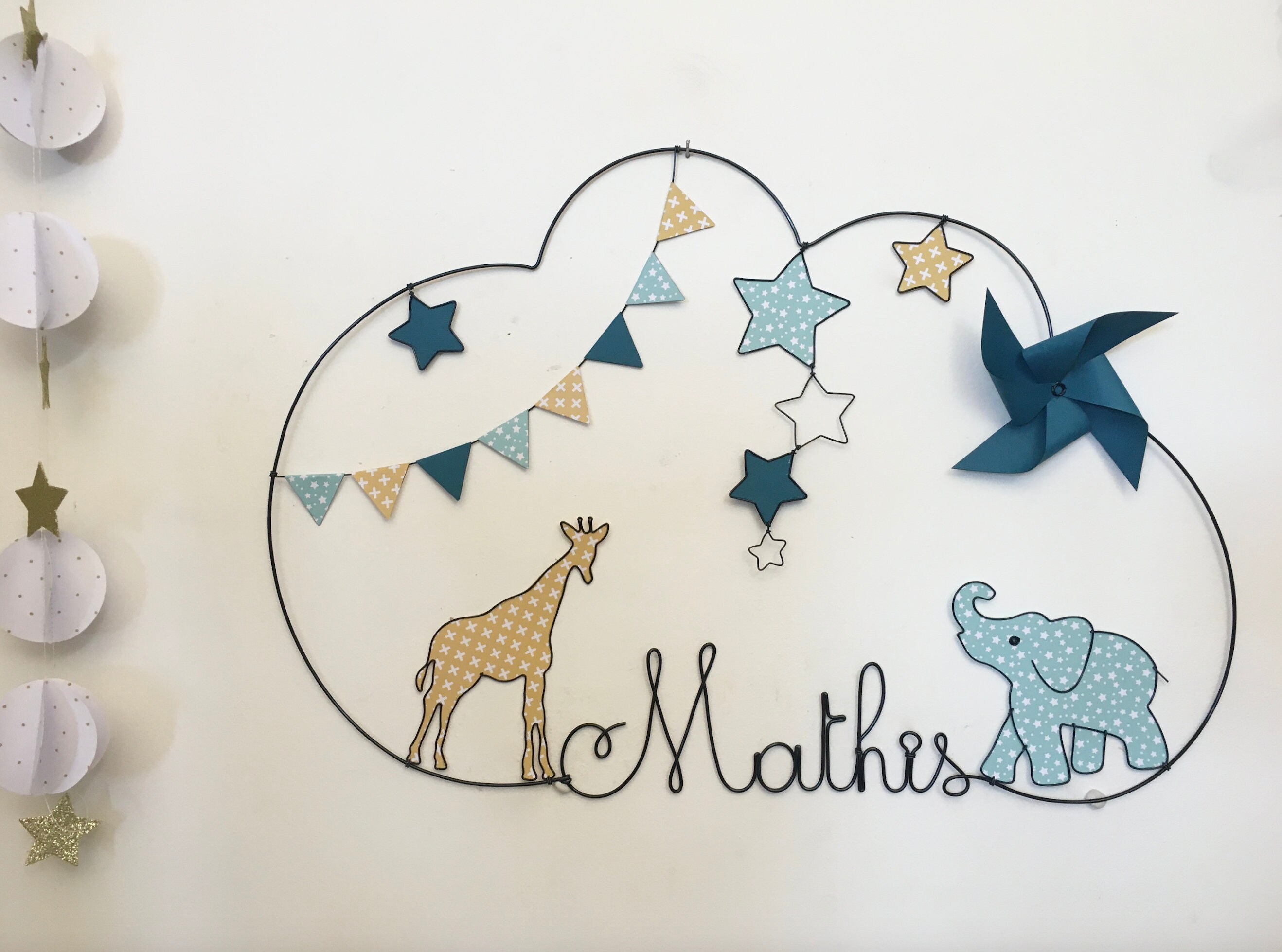 Prénom Fil de Fer Girafe, Éléphant, Moulins A Vent, Étoiles, Fanions