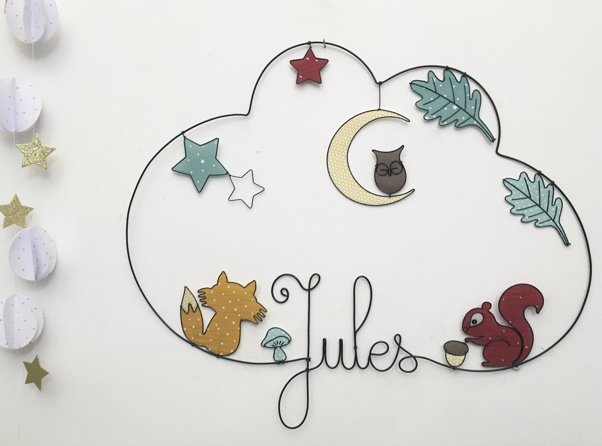 Prénom Fil de Fer Forêt Renard, Écureuil, Lune Chouette, Étoiles