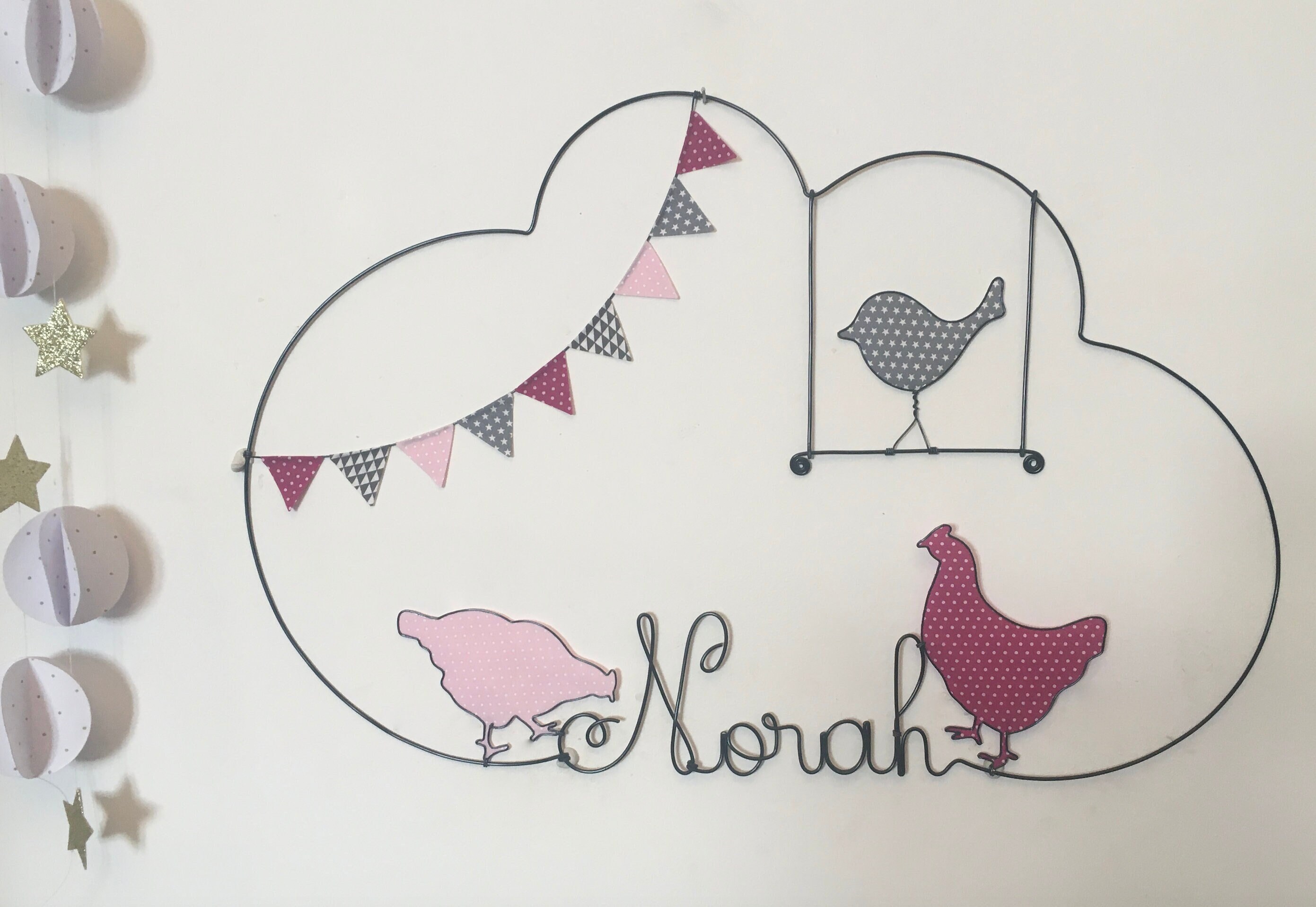 Prénom Fil de Fer Poules, Oiseau, Fanions