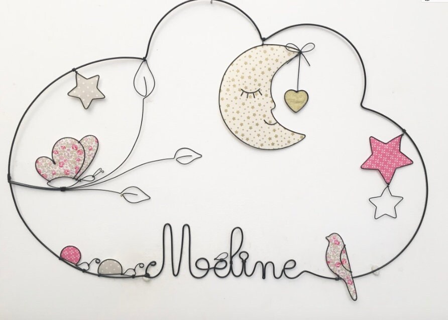 Prénom Fil de Fer Lune, Papillon, Coccinelles , Oiseau