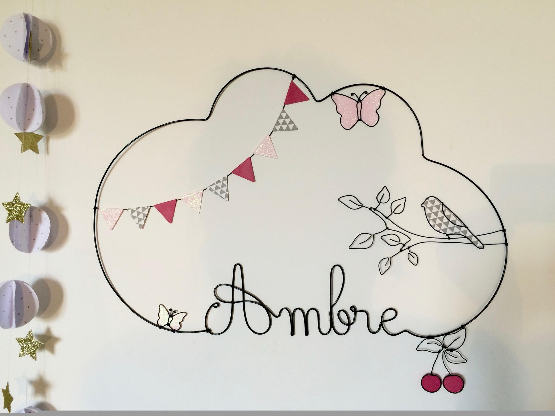 Prénom Fil de Fer Oiseaux Cerise