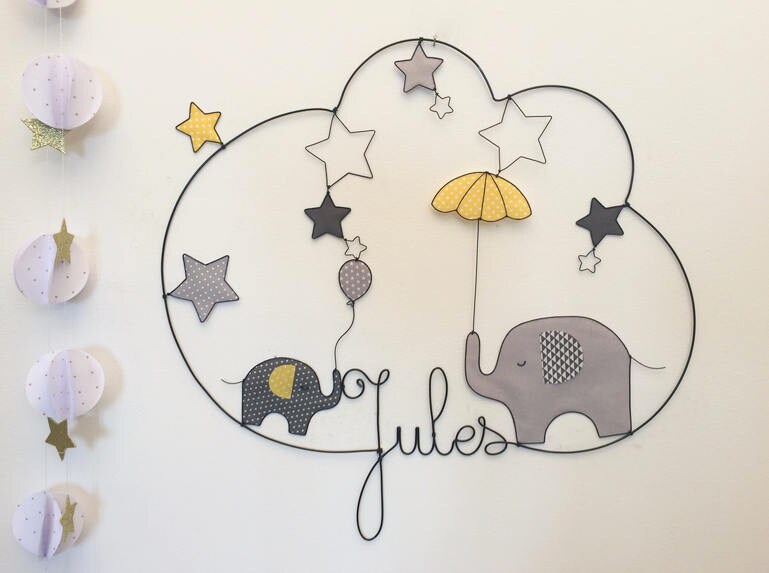 Prénom Fil de Fer Eléphants Étoiles Ballon Parapluie