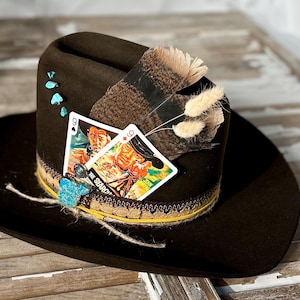 Custom Burned Felt Cowboy Hat: Western Playing Card Accents, Size 7 1/8