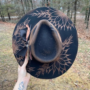 Burned Sunflower Fedora: Hand-Drawn Felt Boho Hat