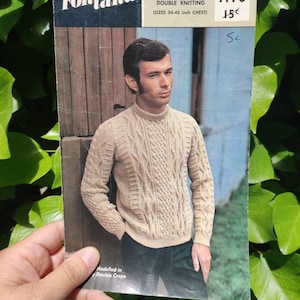 May include: Vintage Fontana Aran Sweater knitting pattern. The cover features a man wearing a beige cable-knit sweater. The pattern is for sizes 34-42 inch chest. The price is 15¢. The cover is held in front of a green leafy background.
