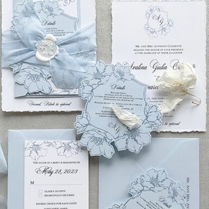 Light blue Wedding Invitation with Rose Floral Monogram, French Provence Invitation, French blue Floral Monogram, Deckled Edge, Torn Edge