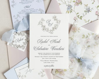 Hochzeitseinladung Garten in Blau & Blush | Romantische Blumen-Vellum-Passepartout
