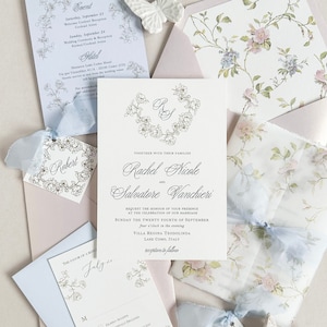 Tuinhuwelijksuitnodiging, handgemaakte huwelijksuitnodiging, blauw en blush huwelijksuitnodiging, romantische huwelijksuitnodigingen