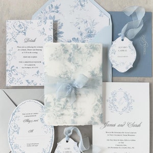 Luxury Blue Wedding Invitations – French Style, Custom Calligraphy, Fine Art Wedding Suite