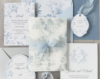 Luxus Blaue Hochzeitseinladungen - Französischer Stil, benutzerdefinierte Kalligraphie, Fine Art Wedding Set
