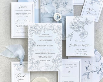 French Blue Floral Wedding Einladungspaket - Elegante individuelle Hochzeitseinladungen mit Antwortkarten & Umschlag