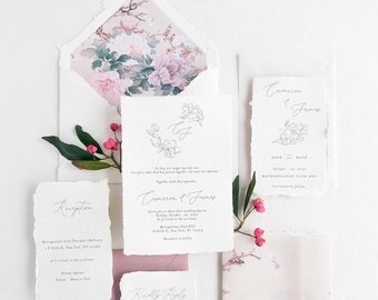 Hochzeitseinladungsset „Magnolien“, Wappen-Einladung, handgefertigte Papier-Hochzeitseinladung, Einladung mit Büttenrand, verspielte Gartenhochzeit