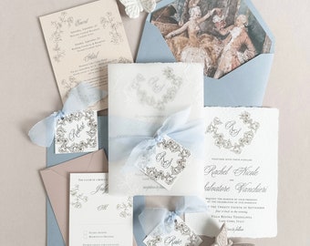 Gartenhochzeits-Einladungs-Reihe, handgemachte romantische Hochzeitseinladungen, staubiges Blau & Pfirsichblumen lädt ein
