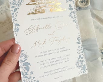 Letterpress Hochzeit Einladungskarte | Goldfoil Blumenmonogramm | Hotfoil einladen