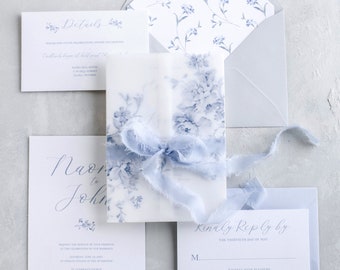 Dusty Blue & White Floral Wedding Invitation, Vellum Wrap, Calligraphy