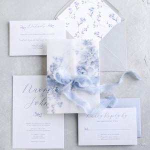 Dusty blue Wedding Invitation, Floral Wedding Invitation,  Dusty blue and Grey wedding invitation, Blue wedding invitation, Romantic Wedding