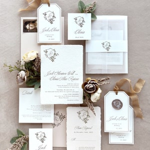 Romantic Wedding Invitation Suite, Handmade Paper Wedding Invitation, Deckled Edge Invitation, Elegant Wedding