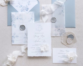 Dusty Blue Wedding Invitations, Fine Art Floral Invitation Suite, Custom Garden Wedding Stationery