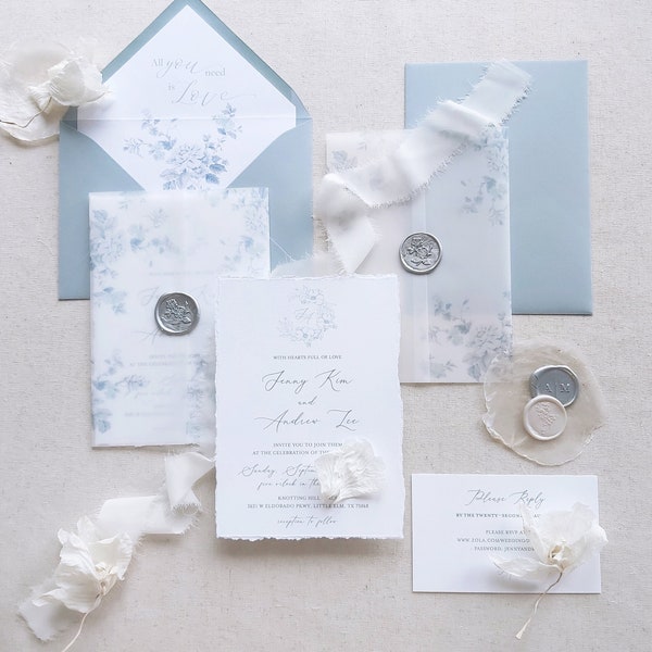 Faire-part de mariage bleu poussiéreux, faire-part de mariage avec écusson, faire-part de mariage sur papier de coton, faire-part de mariage avec bord déchiré