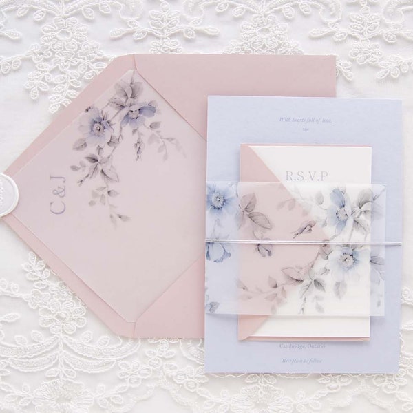 Pink Blush Wedding invitation, Vellum Invitation, Dusty blue and Blush Wedding, Dusty blue wedding invitation  SAMPLE