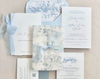 Custom Blue Wedding Invitations – French Style, Elegant Floral, Personalized Wedding Stationery