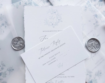 Hellblaue Hochzeitseinladung mit zerrissenen Kanten: Fine Art Baumwollpapier Blumenkamm laden ein