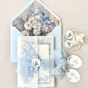 French blue Romantic Wedding Invites, Garden Wedding Invitation Suite, Light Blue Wedding Invitation, Deckled Edge Invitation,