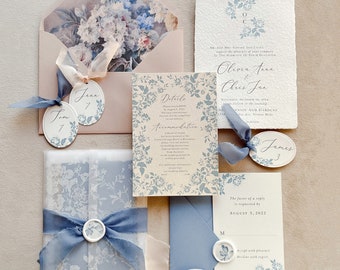 Romantic Garden Wedding Invitation, printed on Handmade Paper,  Blue Fine Art Deckled Edge invitations
