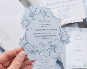 Die geschnittene florale Details Karte, Hochzeitseinladung am Büttenrand, Band, Wachs Stempel