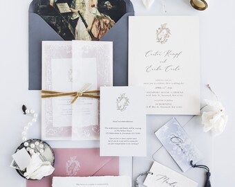 Elegant Ivory Wedding Invitation Suite, Rococo Romance, Sample