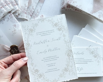 Französischer Garten Hochzeitseinladung Muster, Blumenhochzeits-Briefpapier, Büttenrand-Baumwollpapier-Set