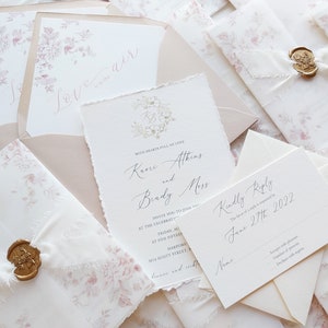 Nude Wedding Invitation, Rose Floral Wedding Invitation, French Provence Invitation with Deckled Edge, Vineyard wedding invitation, image 2