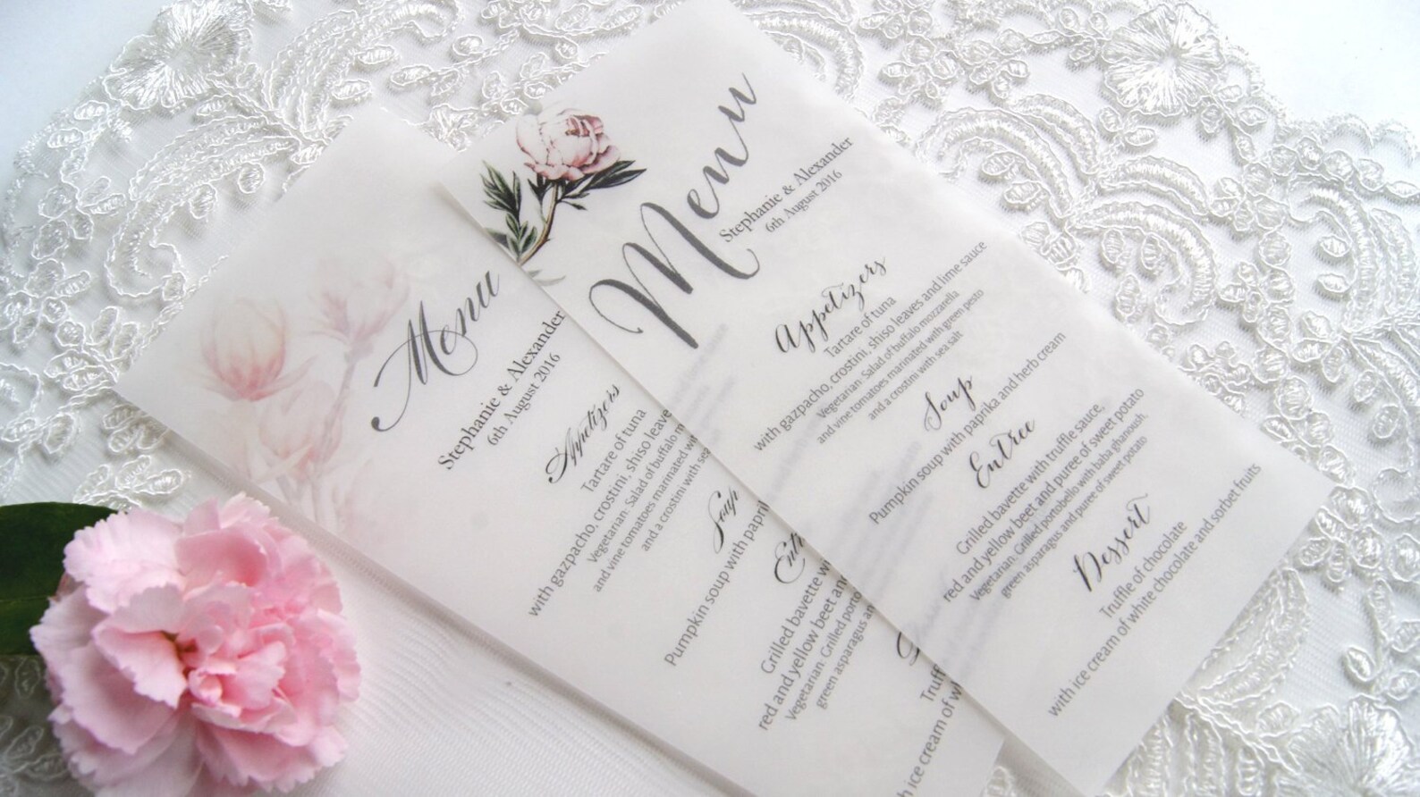 Vellum Menu Card Floral Menu Card Calligraphy Menu Card Etsy