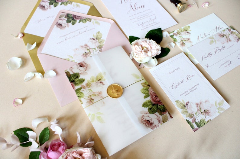 Rose Vellum Invitation Blush Wedding Invitation Floral Rose - Etsy