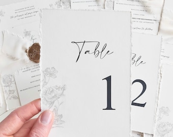 Hochzeit Tischnummern | Büttenrand Baumwollpapier | Elegante florale Tischkarten | Luxus-Hochzeits-Empfangsdekor | Personalisierte Tischnummern