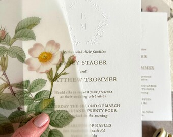 Letterpress wedding invitation card | Floral embossed monogram | Sample