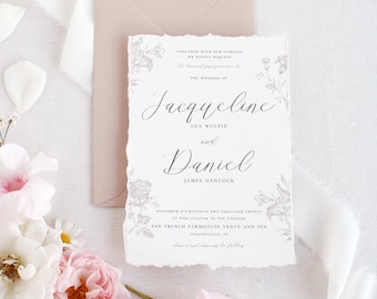 Printed Wedding Invitation Sample, Romantic Floral Invitation Suite, Ivory Cotton Paper, Fine Art Wedding Stationery